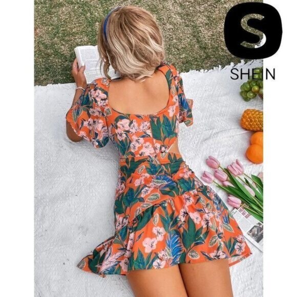 Shein Floral Print Lantern Sleeve Cut Out Asymmetrical Neck Ruffle Hem - Picture 4 of 12